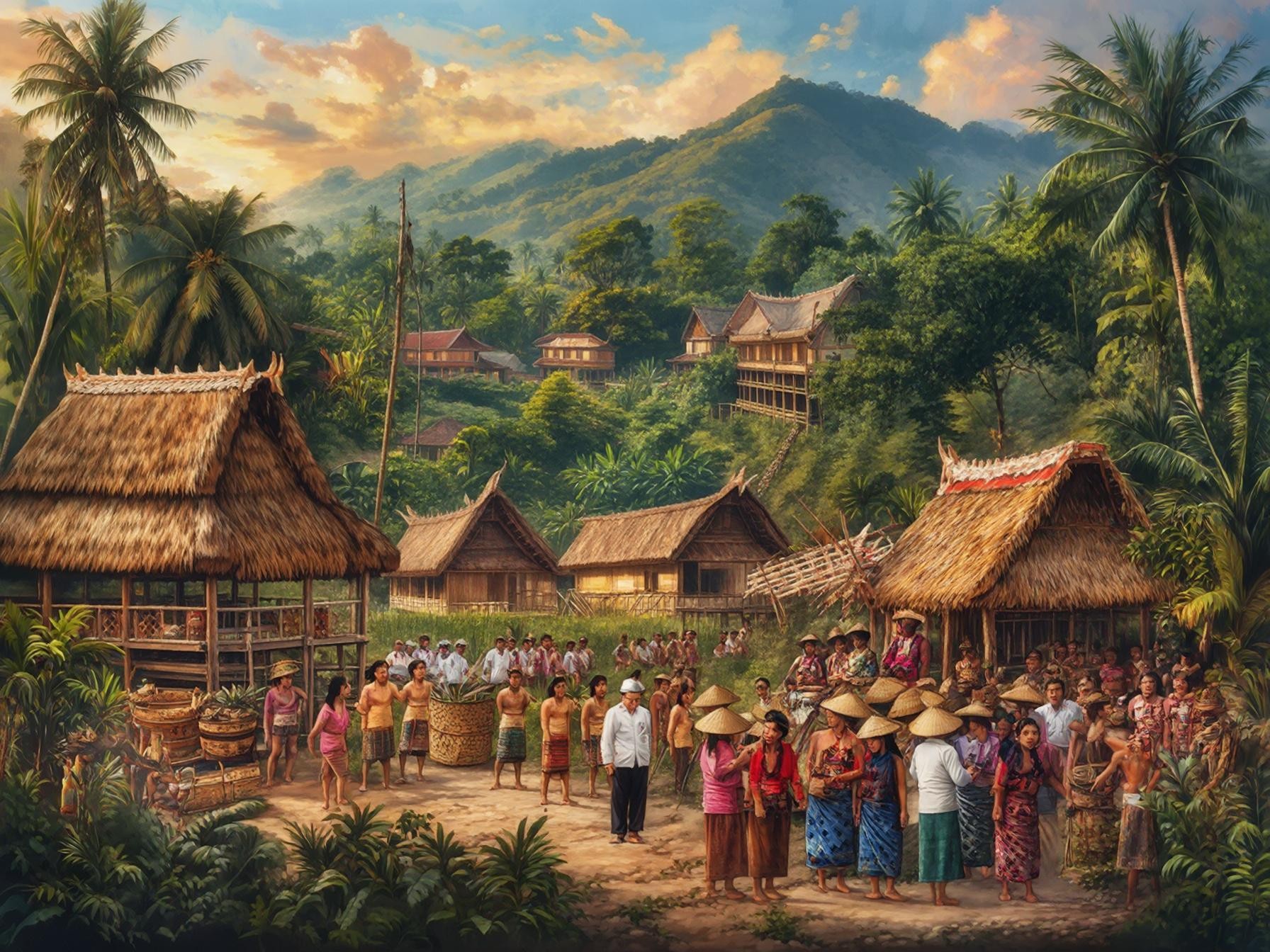 Traditional rural village gathering surrounded by palm trees, wooden huts, and lush green hills under a vibrant, colorful sky.