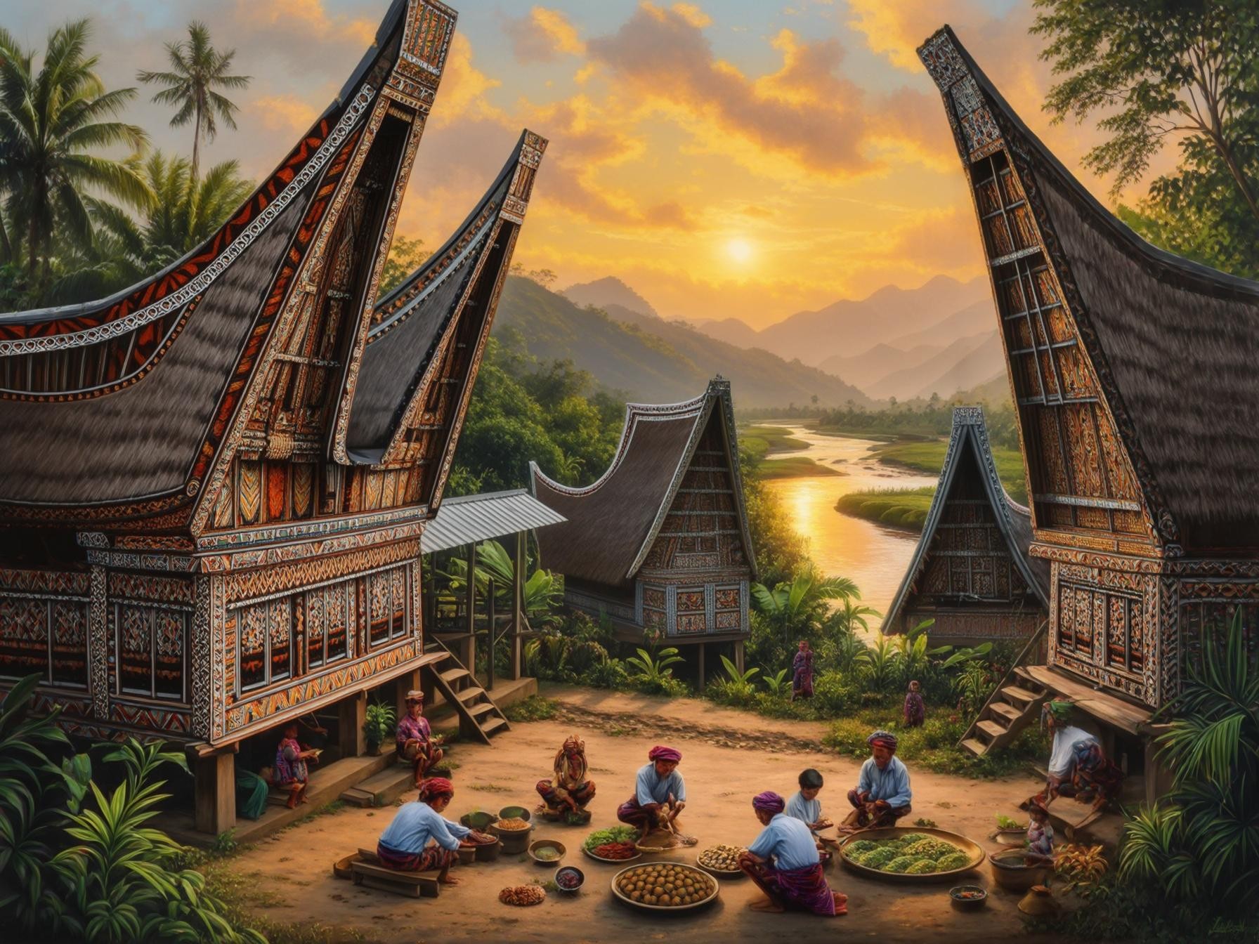 Traditional Batak houses with people gathering, set against a scenic sunset and river backdrop in a lush Indonesian landscape.