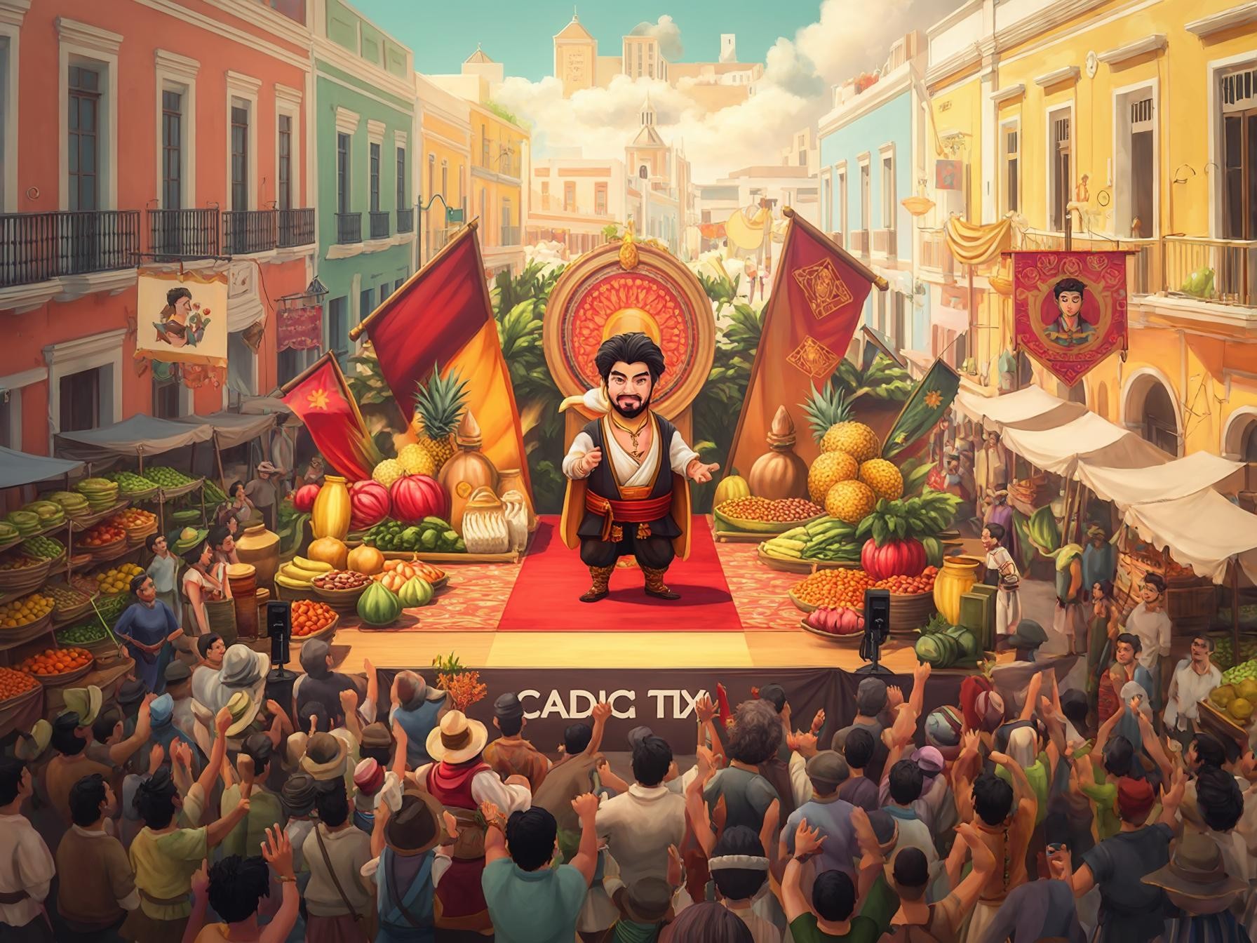 Colorful market scene with a charismatic figure on stage, surrounded by fruits and cheering crowd in a vibrant town setting.