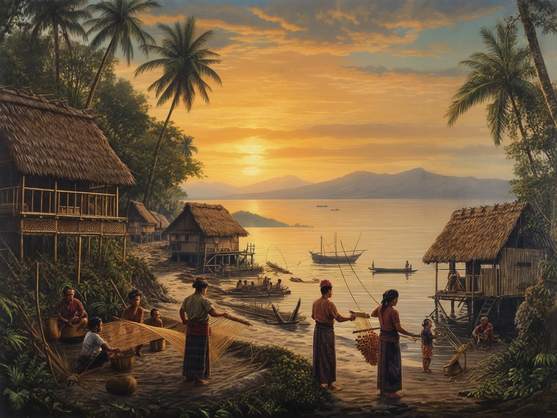 Village by the sea at sunset with traditional homes, palm trees, boats, and people engaging in everyday activities.