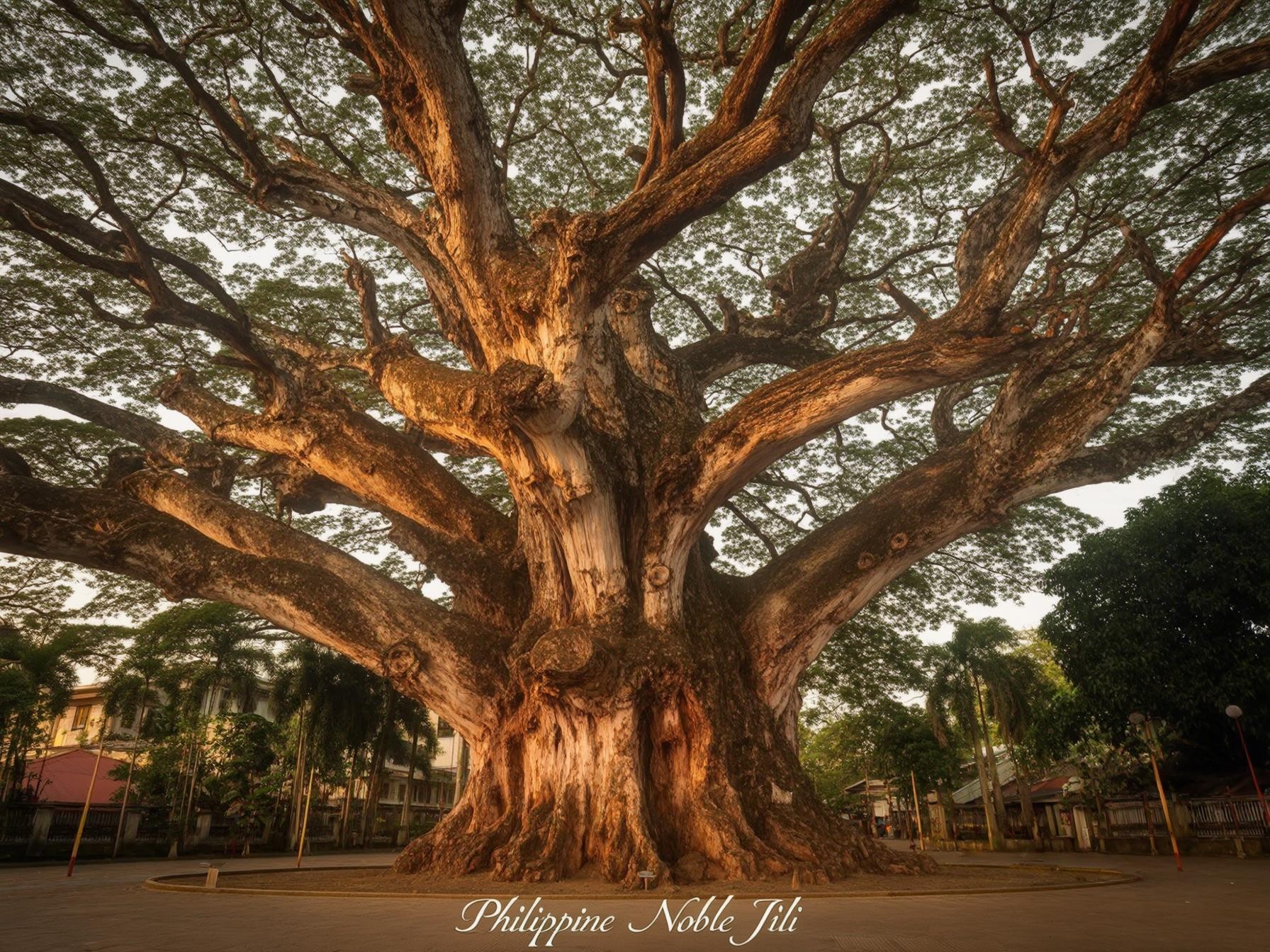 Giant centuries-old tree with sprawling branches, known as Philippine Noble Jili, located in an urban park setting during sunset.