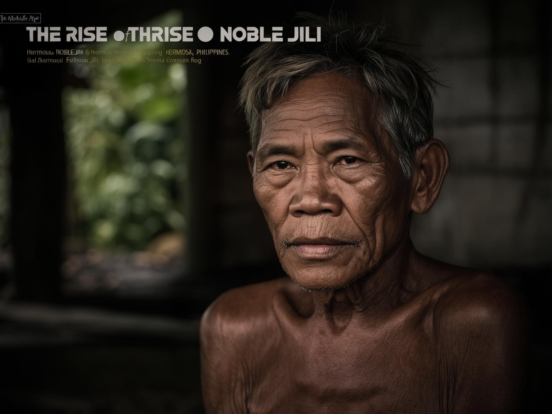 Elderly person with grey hair sitting indoors surrounded by dark shadows, promoting "The Rise oNoble Jili" project.