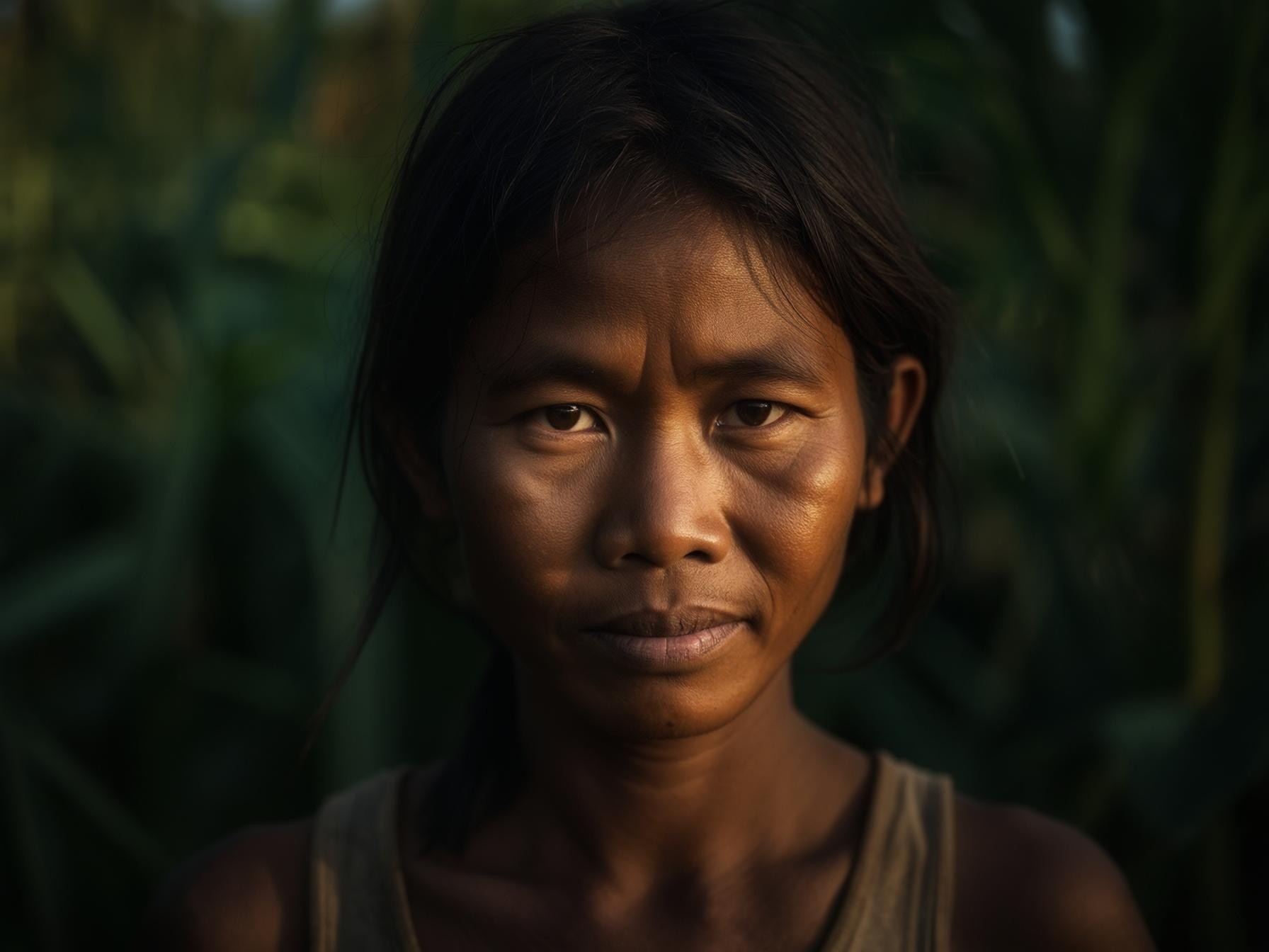 A child wearing a sleeveless shirt, standing in a field of green plants under natural lighting conditions.