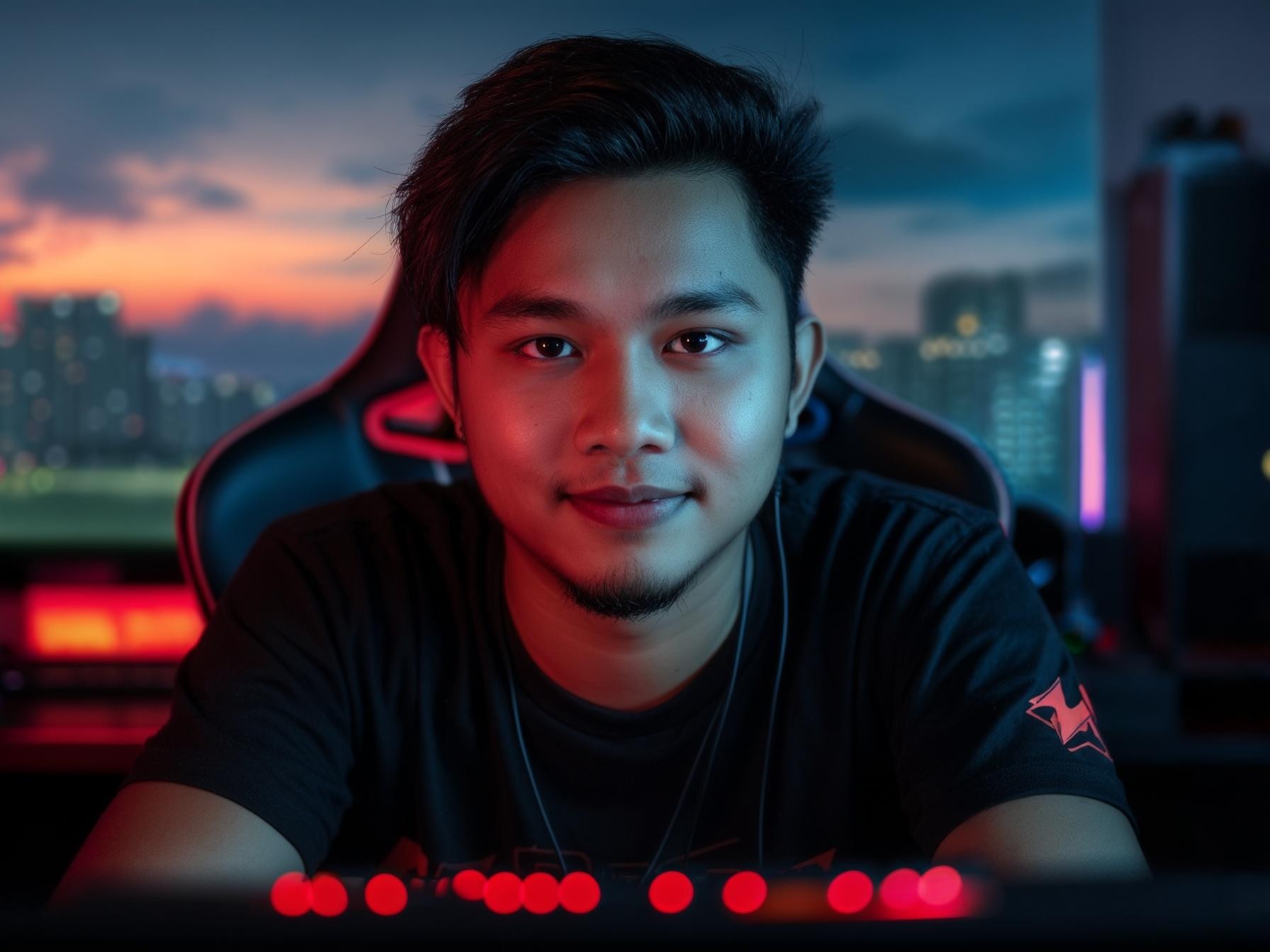 Gamer sitting in a chair with cityscape lighting, wearing black shirt with red accents, nighttime urban setting in the background.