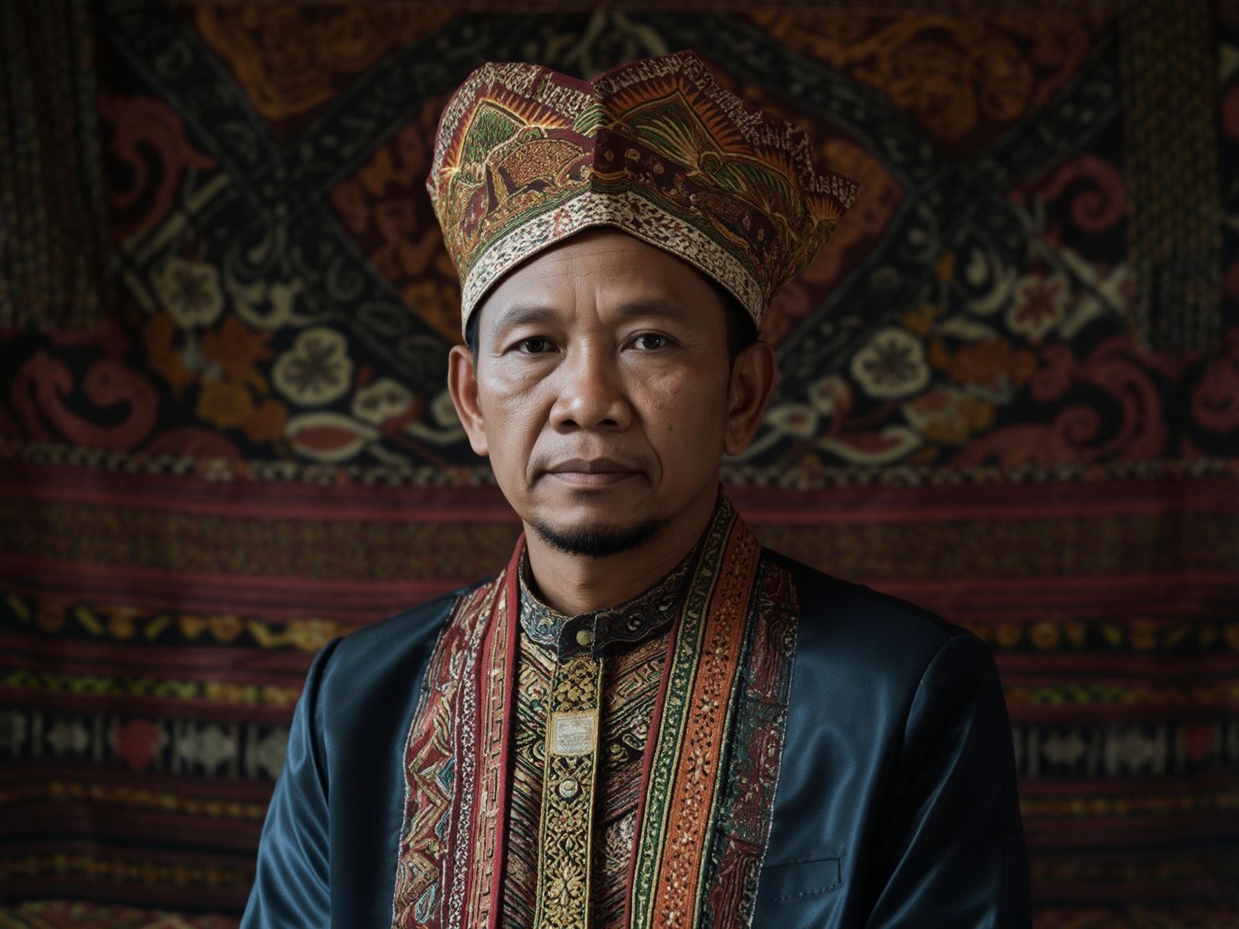 Man in traditional Indonesian clothing against a decorative textile backdrop.