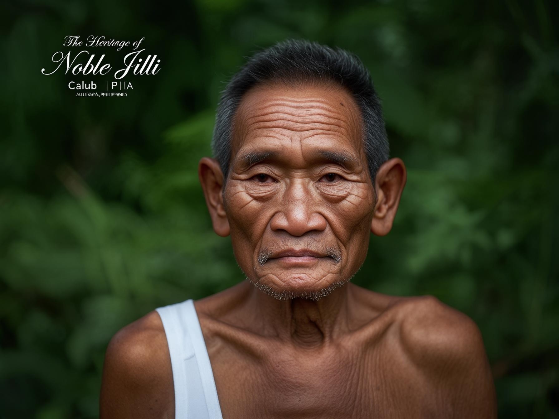 Elderly person wearing a white tank top with greenery background, titled "The Heritage of Noble Jilli, Calub, PIIA, Alubijid, Philippines".