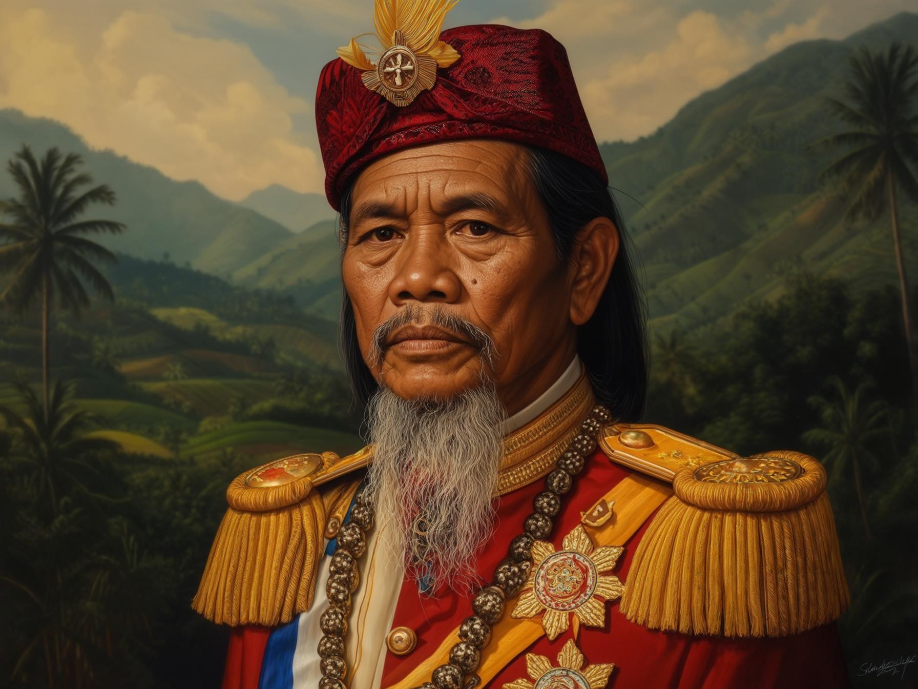 Historical portrait with exquisite red uniform and ornate medals, set against a lush, tropical landscape background.