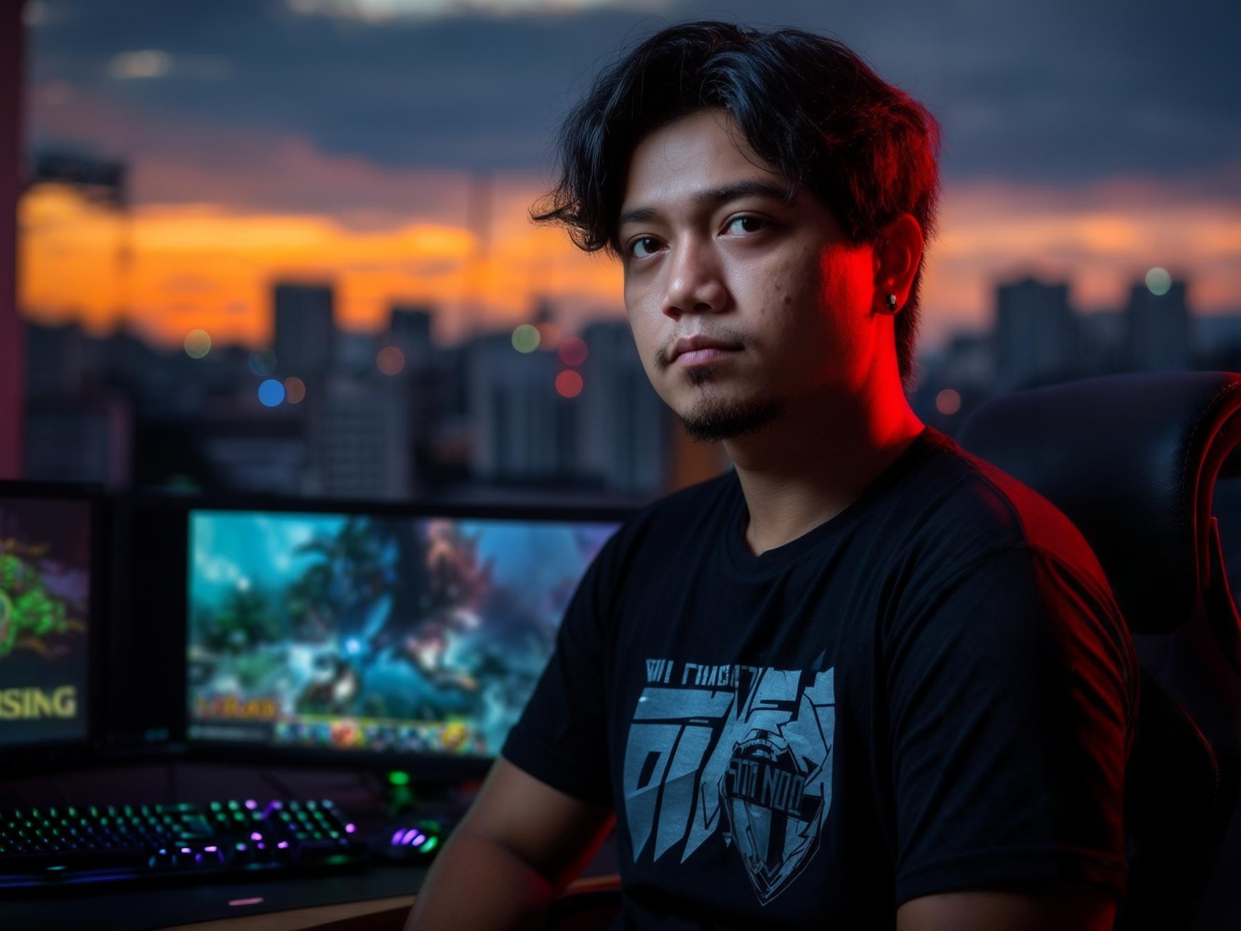 A gamer in a dimly lit room with dual monitors displaying a fantasy game against a vibrant city sunset backdrop.