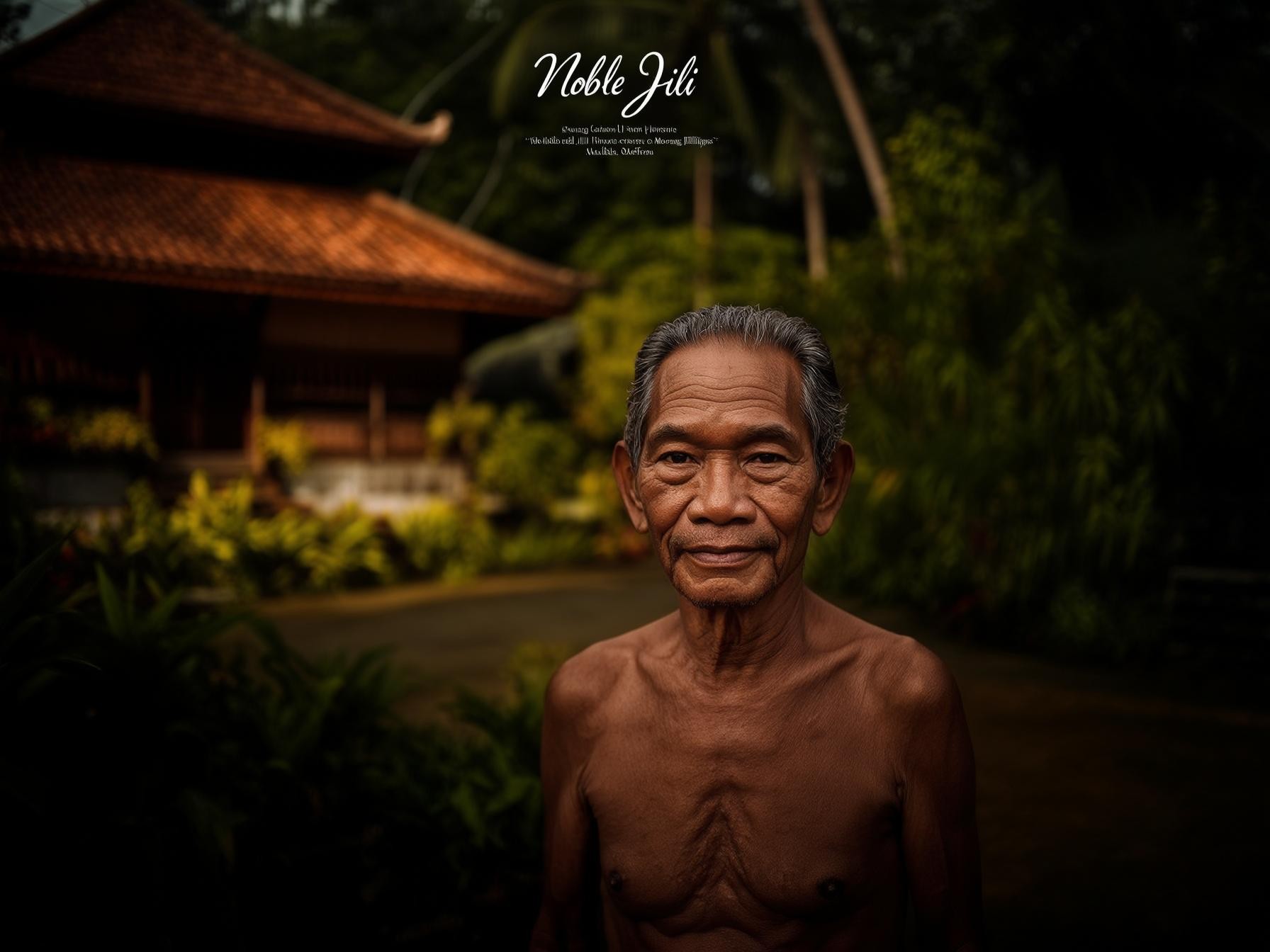 Shirtless elderly man standing in front of traditional Asian building with lush greenery, conveying serene ambiance.