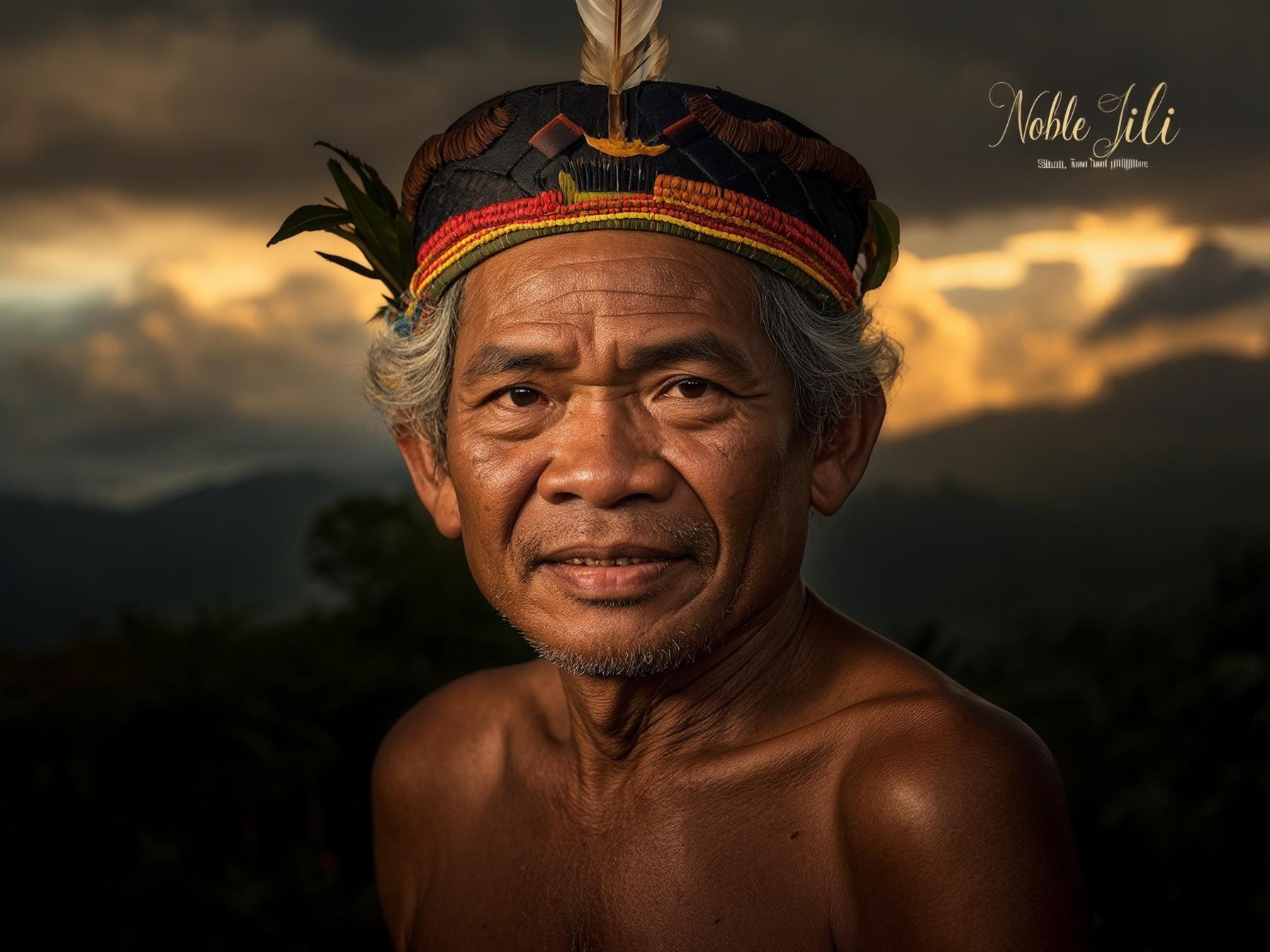 Elderly person wearing traditional headgear with a feather against a dramatic sunset mountain landscape.