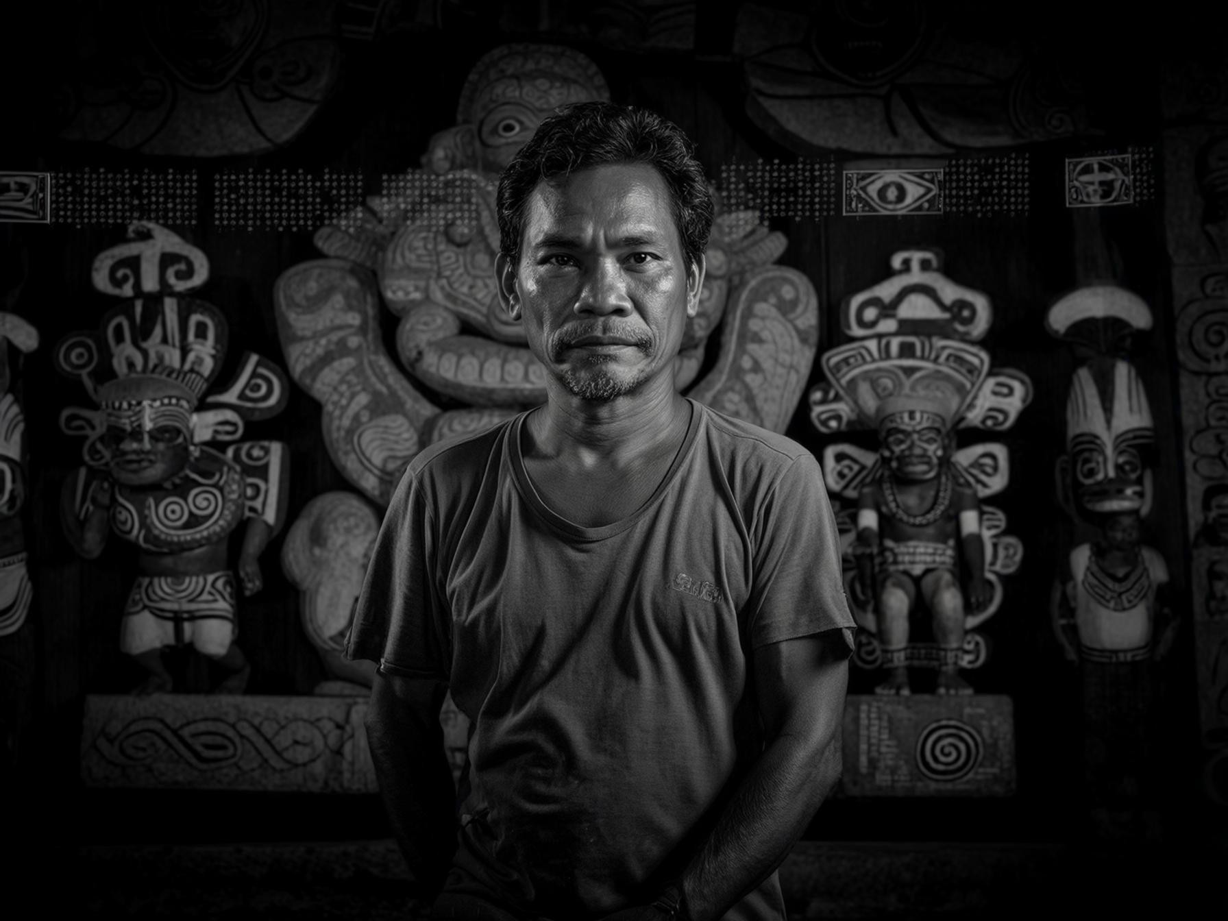 Man sitting in front of wall adorned with intricate tribal carvings and art in monochrome setting.