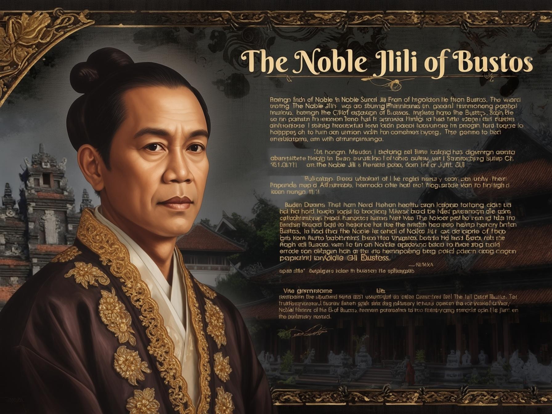 Portrait in ornate clothing with intricate gold embroidery, historic architecture in background, text about Noble Jili of Bustos.