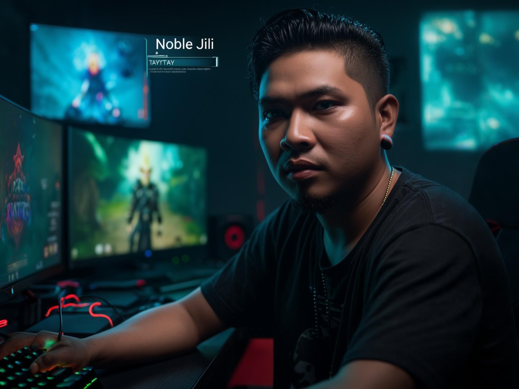 Gamer playing online games in a dark room with RGB keyboard and two glowing monitors displaying fantasy graphics.